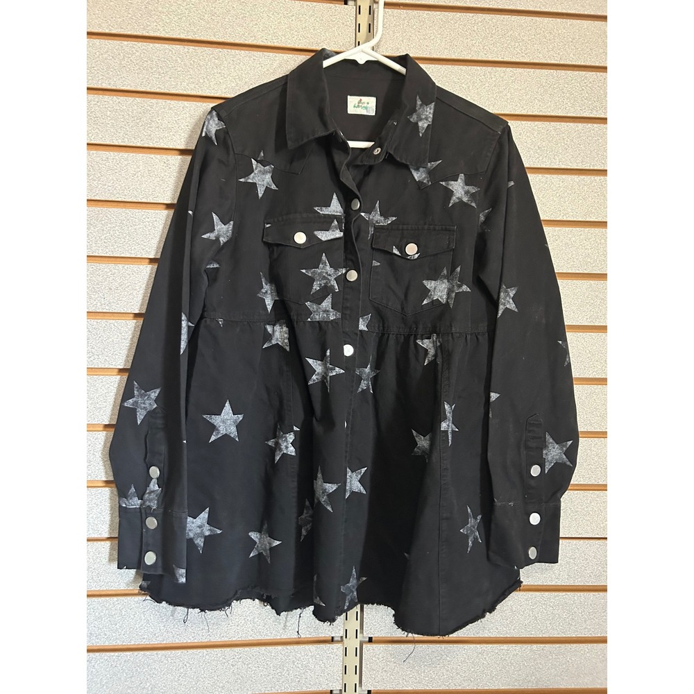Black Silver Star Print Peplum Denim Shirt Jacket Medium Western Edgy Cowgirl